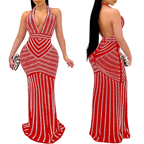 Image of PORRCEY Women's Sexy Rhinestone Mesh See Through Party Night Prom Dress