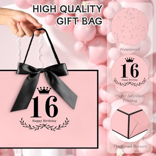 Image of JMANNI 16th Birthday Gift Bag, Pink with Black Satin Bow & Crown Design, Medium Happy 16th Birthday Present Bag for Party Favors, Size 12.60 inchx8.66 inchx4.33 inch