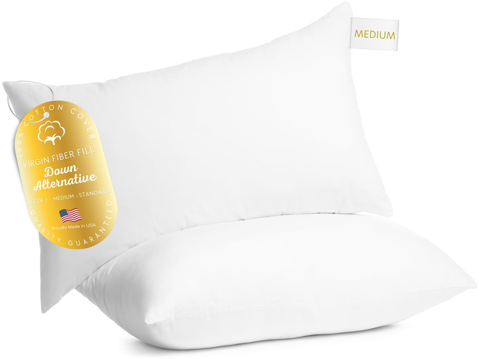 Digital Decor Set of Two 100% Cotton Hotel Down-Alternative Made in USA Pillows - Three Comfort Levels! (Standard, Gold/Medium)