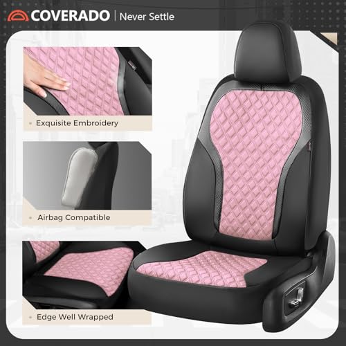 Image of Coverado Seat Covers Front Seats, 2-Pack Luxury Diamond Leather Car Seat Cover, Sports Carbon Fiber Design Waterproof Car Seat Protector, Black Pink Automotive Seat Covers Universal Fit Most Cars