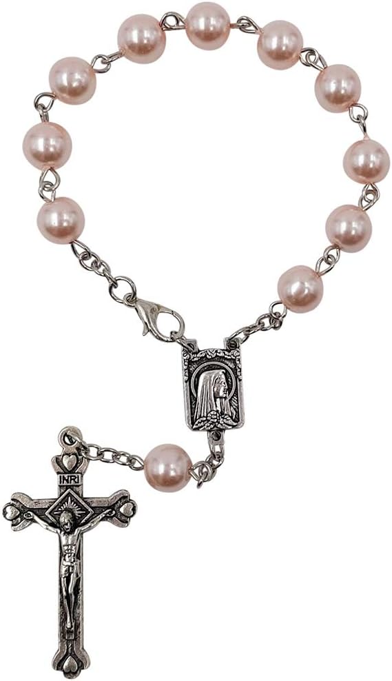 One Decade Auto Rosary for Rearview Mirror Pink Pearl Glass Beads Catholic Bracelet Our Lady of Lourdes Centerpiece Religious Gift Car Truck Travel Protection