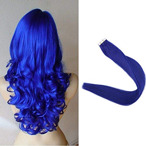 [Promotion]Full Shine 18" Blue Color Tape in Premium Remy Human Hair Extensions 10 Pcs Per Set 25g Weight Straight Human Hair Tape Hair Extensions