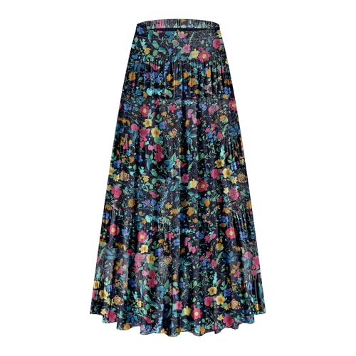 CYiNu Women's Chiffon Elastic High Waist Tiered Pleated Floral Printed A-Line Boho Long Maxi Skirts