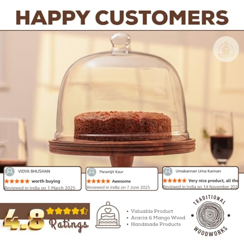 Image of Acacia Wood Cake Stand with Glass Dome | 11 x 15 Inch Brown Multipurpose Serving Platter Handcrafted for Cakes, Pastries & Cupcakes | Protective Glass Dome Keeps Food Safe from Insects & Flies | Decorative Stand & Cake Plate for Cake Cutting