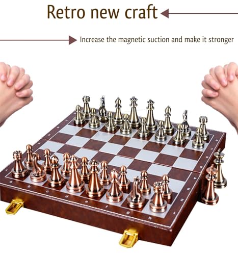 Image of Classic Leather & Metal Chess Board for Family Fun| Foldable Magnetic Pieces with Extra Queens | Portable Travel & Educational Indoor& Outdoor Game | Suitable for Boys and Girls (12 Inch)