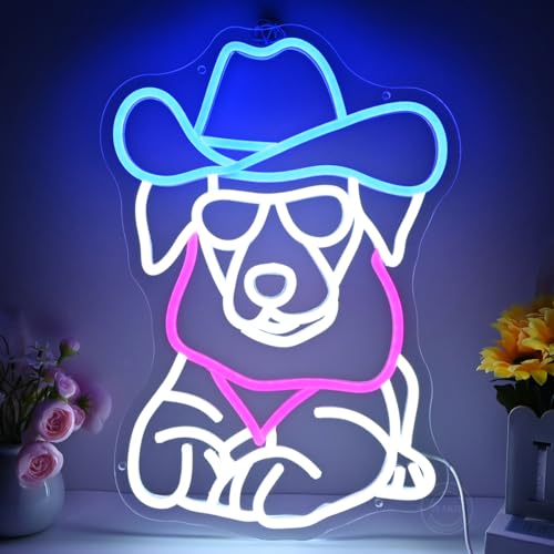 Image of Planzo Cowboy Dog LED Neon Sign Light Bedroom Game Room Man Cave Wall Decor | Zoo Pet Shop Bar Pub Club Home Wall Sign Decor, Christmas Birthday Party, Pet Dog Lovers Gift, Cute Animal, 16.14 inchX12.4 inch, USB