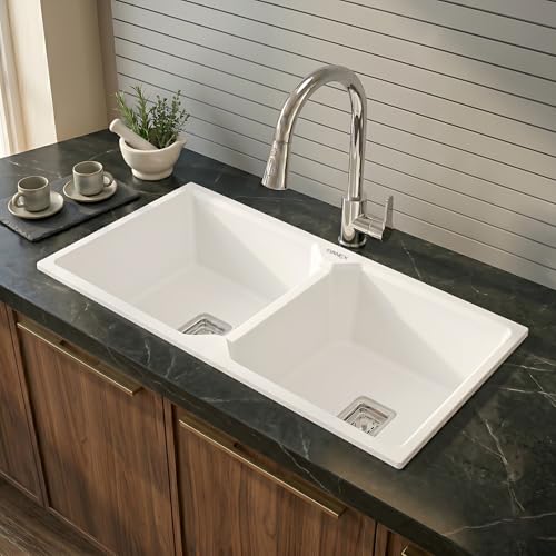 Image of EVANEX Quartz Kitchen Sink|Double Bowl Sink for Kitchen|Topmount /Undermount Kitchen Sinks|White Double Sink with Connector, Waste Pipe, Coupling and Drain Basket|45x20x9 Granite Kitchen Sinks