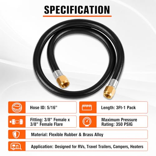 Image of Wadoy RV Propane Hose Connector Assembly 3 Foot - 3 /8 inch Female Flare x 3 /8 inch Female Flare Quick Connect Hose 59913 (Total length 3.28ft)