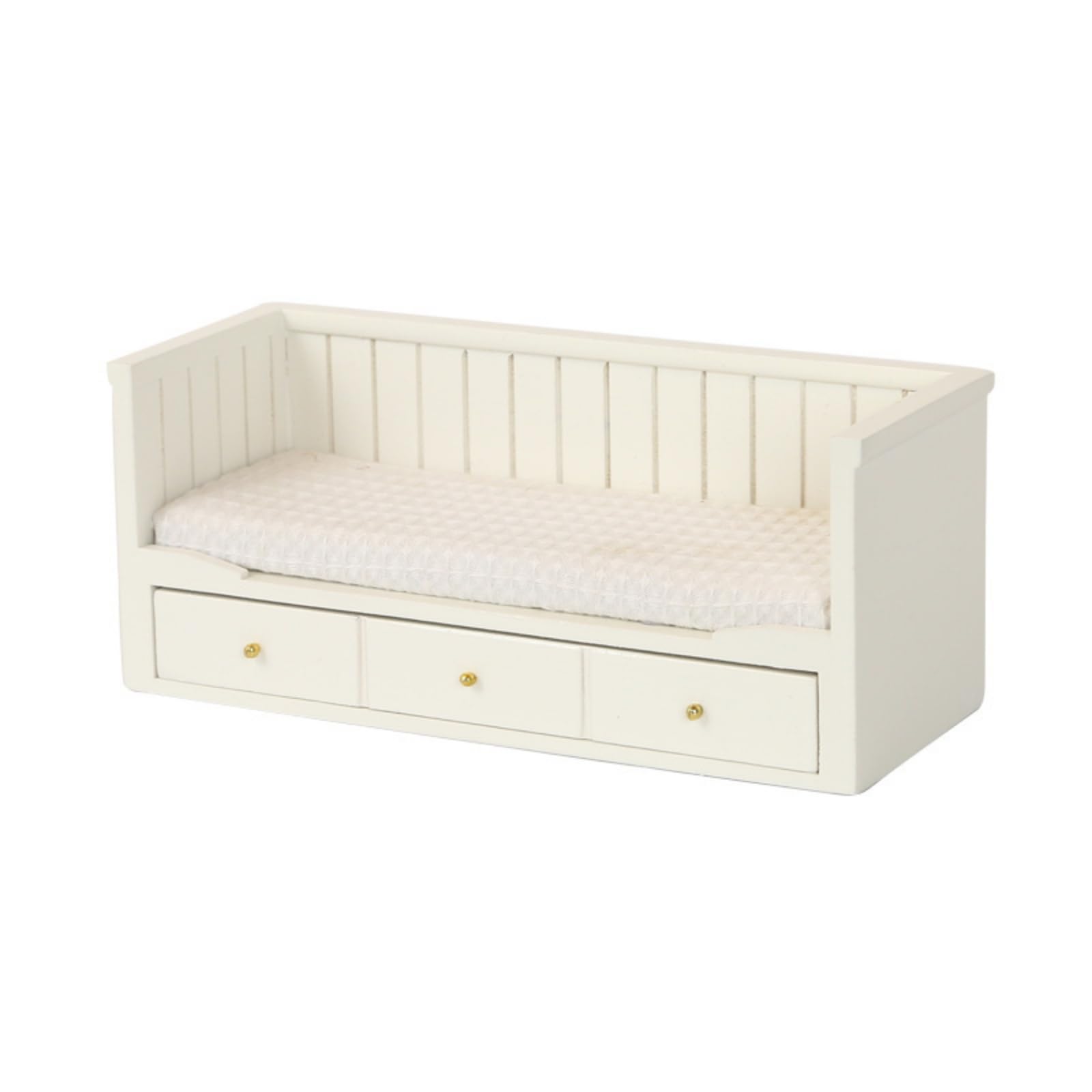 MagiDeal Miniature Dollhouse Bed With Rectangular Frame Classic Slat Detailing Drawer-Style Front Textured Mattress For Suitable Dollhouse Bedroom Themes Room Display, White