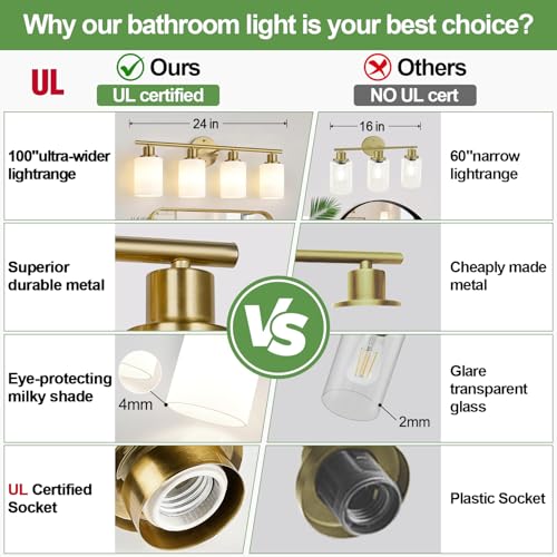 Image of Zarbitta 4-Light Bathroom Light Fixtures, Brushed Gold Modern Vanity Lights with Milky White Frosted Glass Shades, Bathroom Wall Lamp for Mirror Kitchen Living Room