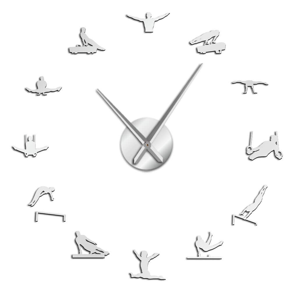 Horloge murale géante gymnaste argenté effet miroir 70cm pour salon