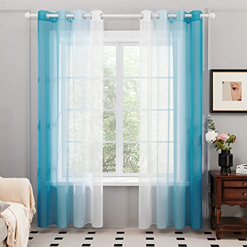 Deconovo Lot de 2 Rideaux Voilages, Décoration Rideau à Oeillets, Dégradé de Couleur pour Chambre Enfant Fille Salon Maison Fenêtre Balcon, Bleu, 140×175 CM