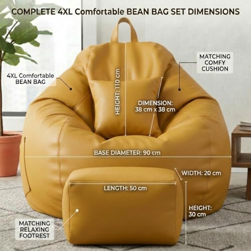 Image of KAM'S LIEU 5XL Luxury Faux Leather Bean Bag with Footrest & Cushion | Pre-Filled High-Density Polystyrene Beans | Premium Leatherette | 6 Months Warranty Color- (Yellow, Without Footrest)