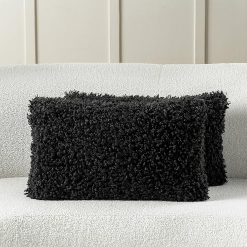 FUTEI Black Decorative Throw Pillow Covers 12x20 Inch Set of 2,Soft Fluffy Faux Wool Fur Boucle Textured Lumbar Pillow Case,Modern Home Decor for Couch Bed Living Room Office