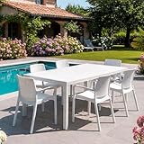 Dmora - Set Salon d'extérieur Manarola, Table d'extérieur Extensible avec 4 chaises, Table et sièges de Jardin Effet rotin, 100% Made in Italy, Blanc