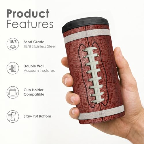 Image of Football Can Cooler 12oz - Travel Mug Cups - Stainless Steel Insulated for Men Women Players - Tumbler Cans Koozie, Sport Gift for Fan Coach Lovers
