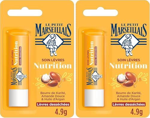 Le Petit Marseillais | Soin Lèvres Nutrition Lèvres Desséchées (tube de 4,9 g) – Baume à lèvres au beurre de karité, amande douce et huile d'argan – Stick à lèvres nourrissant (Lot de 2)