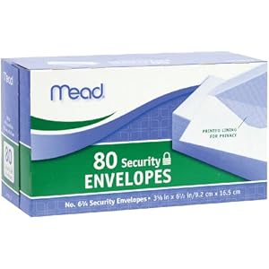 Mead #6-3/4 Envelopes, Security Printed Lining for Privacy, Gummed Closure, All-Purpose 20-lb Paper, 3-5/8″ x 6-1/2″, White, 80/Box (75212)
