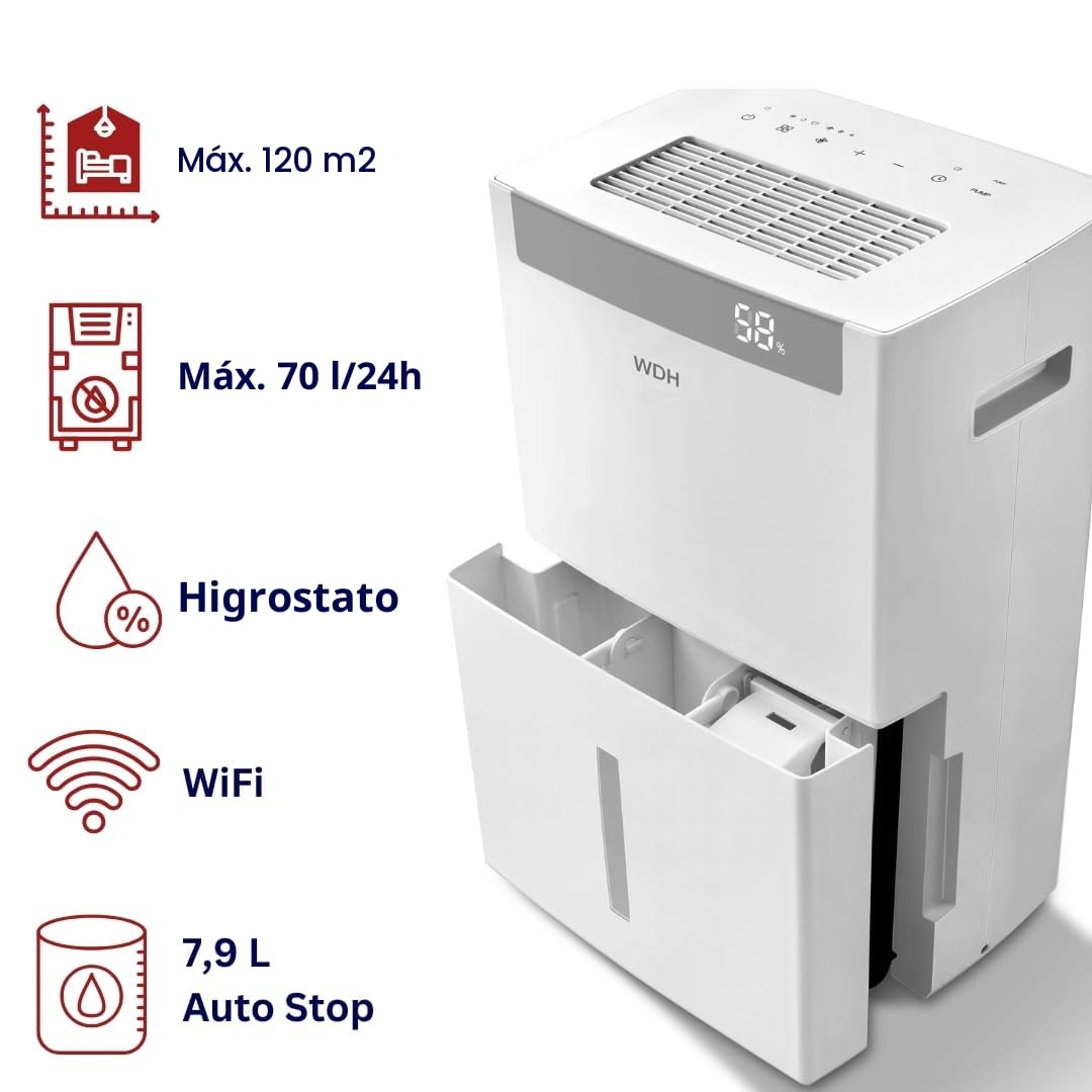 Aktobis WDH-870FW Deshumidificador profesional | hasta 70 L/d, 120m² + WiFi | Secador de humedad eléctrico, potente, hasta 120 m², blanco | para el hogar, sótano, obras, industria, contra el moho