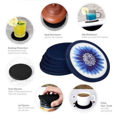 50% Off Indigo Floral Non-Slip Silicone Coasters, 4-Pack