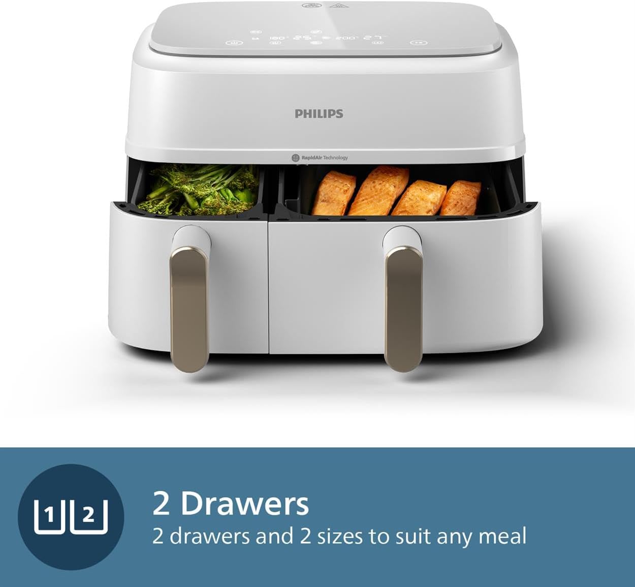 Philips Dual Basket Air Fryer with drawers open showing food