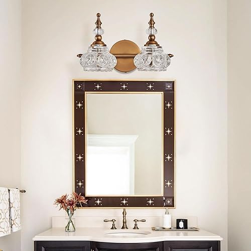 Miniatura 3 de ZILANL Lámparas de tocador de baño, 2 luces vintage de cristal para baño, acabado de latón antiguo cepillado mate, aplique de pared vintage con