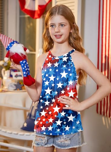 Image of BesserBay Girls Summer Back Button Halter Neck Tank Top Cold Shoulder Casual Blouse Pleated Sleeveless Shirts 5-14 Years