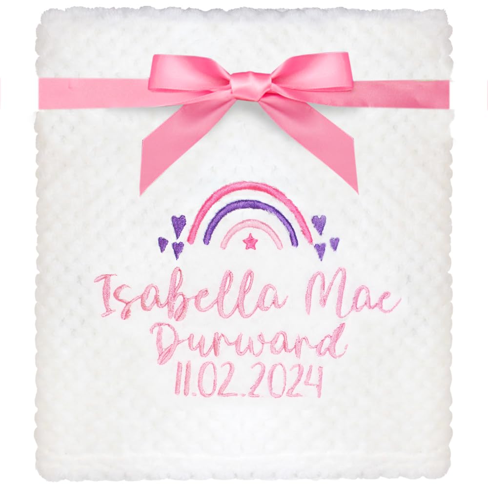 TeddyT's Personalised Baby Pink and Purple Rainbow Name and Date of Birth Embroidered White Waffle Blanket