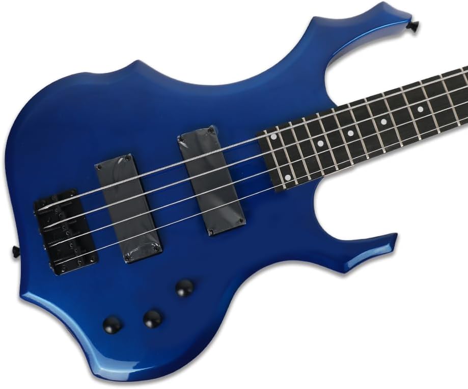 Fojill Cool Shape 4 Four String Electric Bass Guitar 20W Amplifier Amp Right Hand Beginner Starter Kit Set Combo Bundle Accessory Gig Bag,Strap,Picks,Capo,Noiselss Cable,Strings(Metallic Blue)