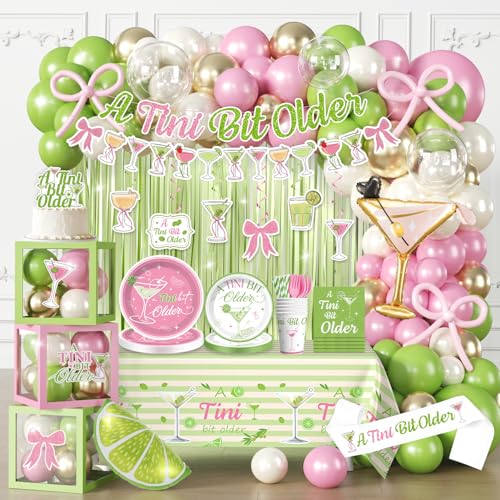 317Pcs A Tini Bit Older Birthday Decorations for 25 Guests Martini Party Supplies Set with Banner Plates Cups Napkins Balloons Cake Topper Fringe Curtains and Tablecloths