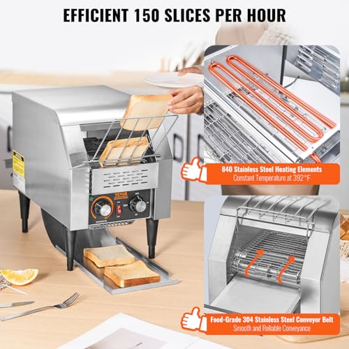 Image of VEVOR Commercial Conveyor Toaster, 150 Slices /Hour Conveyor Belt Toaster, Heavy Duty Stainless Steel Commercial Toaster Oven, Electric Restaurant Commercial Toaster for Toast Bun, Bagel, Bread
