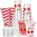 Whaline 50Pcs 12Oz Cherry Disposable Plastic Cups with Lids and Straws Cute Red Cherry Cold Beverage Drinking Cups for Birthday Baby Shower Party Supplies