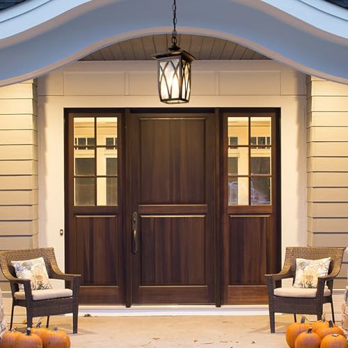 Image of 12'' Outdoor Pendant Light Fixture, Exterior Hanging Lantern, Modern Black Metal Outside Chandelier Light Fixture Ceiling Mount with Water Ripple Glass & Adjustable Chain for Porch, Gazebo, Front Door