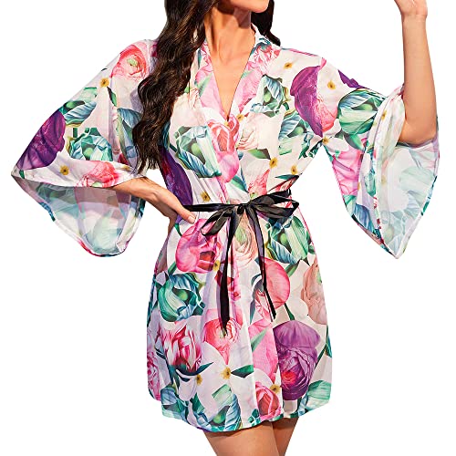 Wantonfy Kimono Peignoir Femme Robe de Chambre Courte Peignoir Sexy Fête Mariage