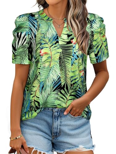 Ezcosplay Women Puff Sleeve Tops Floral Hawaiian Shirt Notched V Neck T-Shirt Casual Tropical Outfits