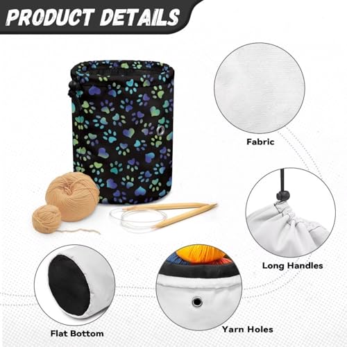 Image of Sellikakes Yarn Bag Knitting Storage Bag, Blue Dog Paws Small Crochet Bag Portable Knitting Bag Organizer Yarn Storage Knitting Bags, Store Skein Ball, Needles Accessories