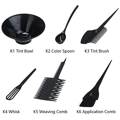 MissLytton Hair Dye Color Tool Kit, Professional Hair Highlighting Coloring Dyeing Kit, Includes Hair Color Mixing Bowl, Applicator Tint Brush Comb Set for Salon and Home Use (Set of 6)