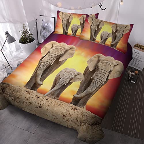 BlessLiving 3 Piece Elephant King Bed Set - Includes African Elephant Duvet Cover & Pillowcases - Sunset Bedding - Super SoftElephant Bed Sets for Boys Adults Men