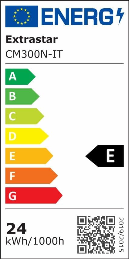 EU Energy Label for Extrastar CM300N-IT LED light, showing energy efficiency class E