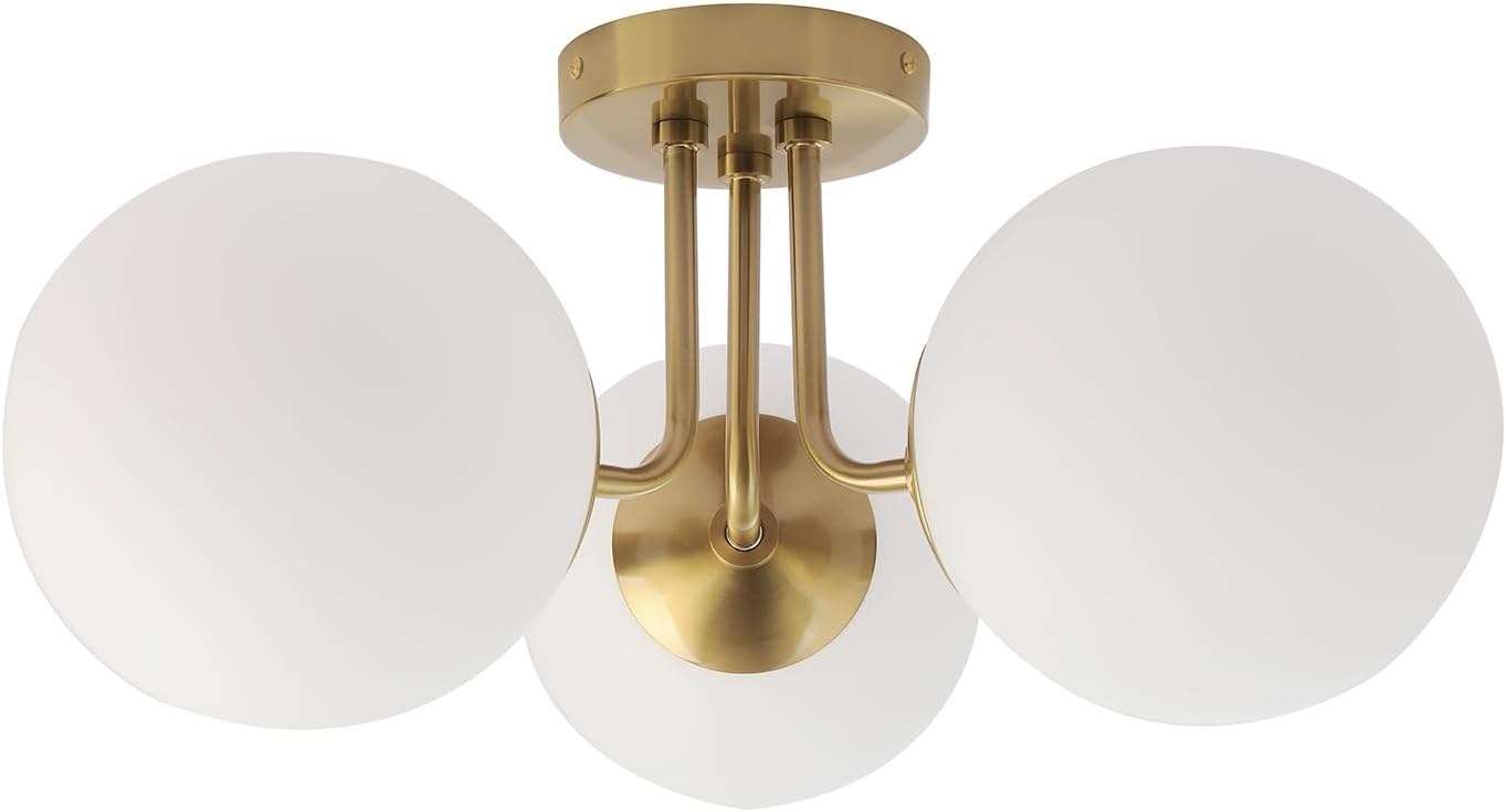 Brass 3 Lights Semi Flush Mount Ceiling Light Fixture, Frosted Glass Shade Vintage Close to Ceiling Light Fixture, Modern Indoor Flush Mount Light for Bedroom, Sputnik Ceiling Lights Fixture