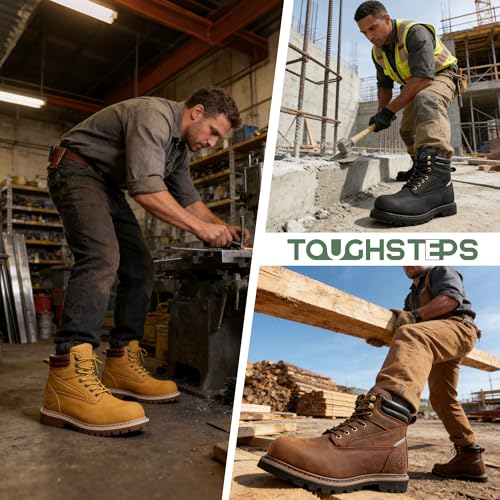 Image of Steel Toe Work Boots for Men 6 Inch Waterproof Non Slip Rubber Comfort Leather Safety Durable Industrial Construction Boots