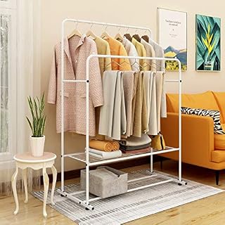 JURMERRY Heavy Duty Clothes Rail Double Poles Metal Coat Rail Freestanding Garment Rack with 2-Tier Lower Storage Shelf for Bedroom Home Office Indoor, Black