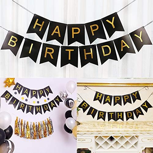 AUERVO Happy Birthday Banner, Large Black Birthday Bunting with Shiny Gold Letters and 6 Pcs Balloons Party Decorations kits for Any Ages's Party Supplies