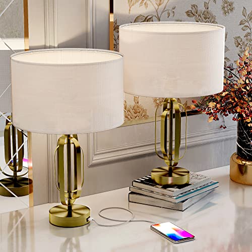 Aliot Set Of 2 Table Lamps For Living Room With Usb Ports - Fully Dimmable End Table Lamps For Bedroom, Bedside Nightstand Lamps, Elegant Modern Bed Side Lamps, Bronze&White #TOP4