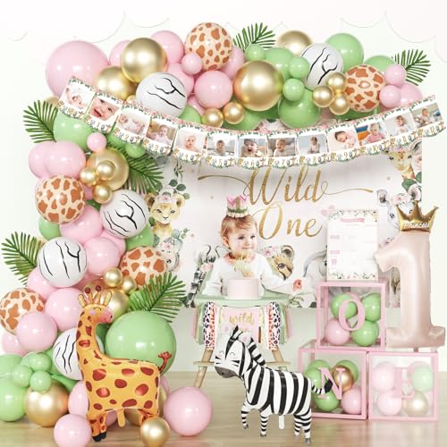 Wild One Birthday Party Decorations for girls, First Decorations Including Balloon Boxes, Pink Gold Balloons Garland Arch Kit?Party Backdrop, High Chair Banner, Crown, Photo Banner