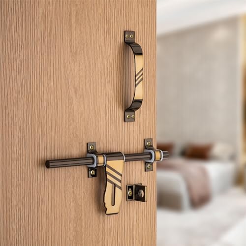 Image of COMPASS Flower Stainless Steel Heavy Double Door Fitting Accessories Full Set /Kit (1 Aldrop, 1 Latch, 4 Handles, 2 Tower Bolt and 2 Door Stopper | 12 inch | Vintage Finish
