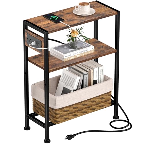 Small Narrow Side Table with Charging Station, Skinny End Table for Small Spaces, Slim Nightstand with Outlets, Sofa Bedside Table in Living Room, Bedroom, Study, Kitchen and Balcony (Rustic Brown)