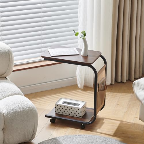 Walnut C Shaped End Table with Storage Basket & Wheels - Compact Under Sofa Table for Living Room, Home Office & Bedroom