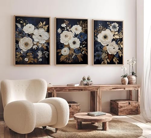 3Pcs Navy Blue Abstract Floral Canvas Wall Art Moody Dark Flowers Plants Painting Picture Wall Decor Poster Print Artwork Suitable for Living Room Bedroom Home Decoration Unframed — view 2