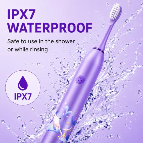 Image of Sonic Electric Toothbrush for Kids with 6 Modes, 4 Brush Heads & Rechargeable Battery, Ultra Soft Nylon Bristles, IPX7 Waterproof, Electric Power Tooth brush (Purple)